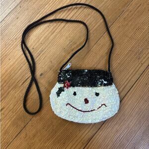 White sequin embroidered Christmas black top hat snowman shoulder change purse